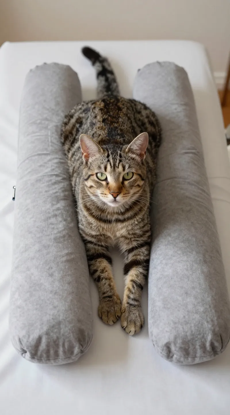 Senior tabby in orthopedic bolster bed, plush sides, cozy interior