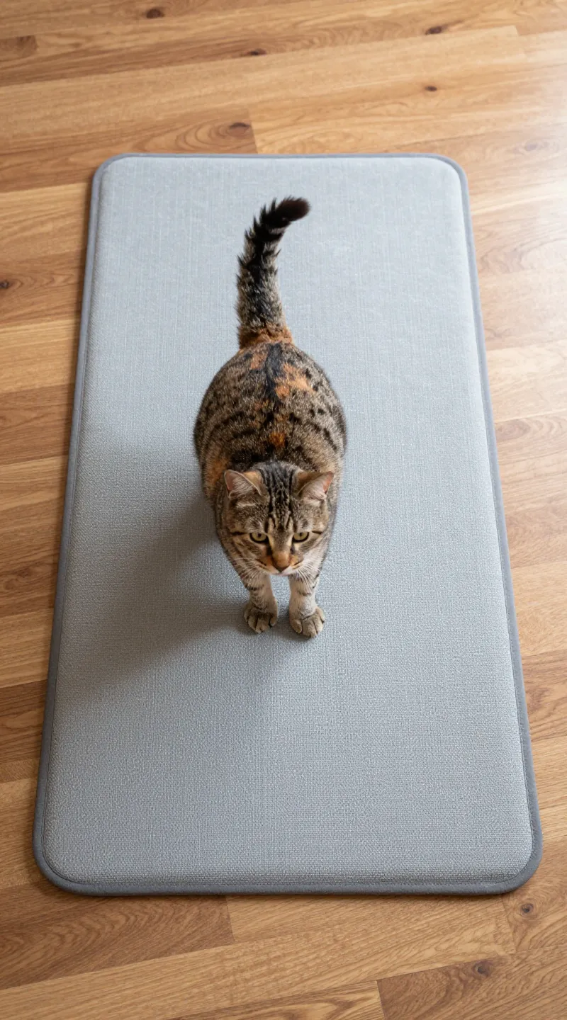 Small cat on self-warming mat, hardwood floor, draft blocker