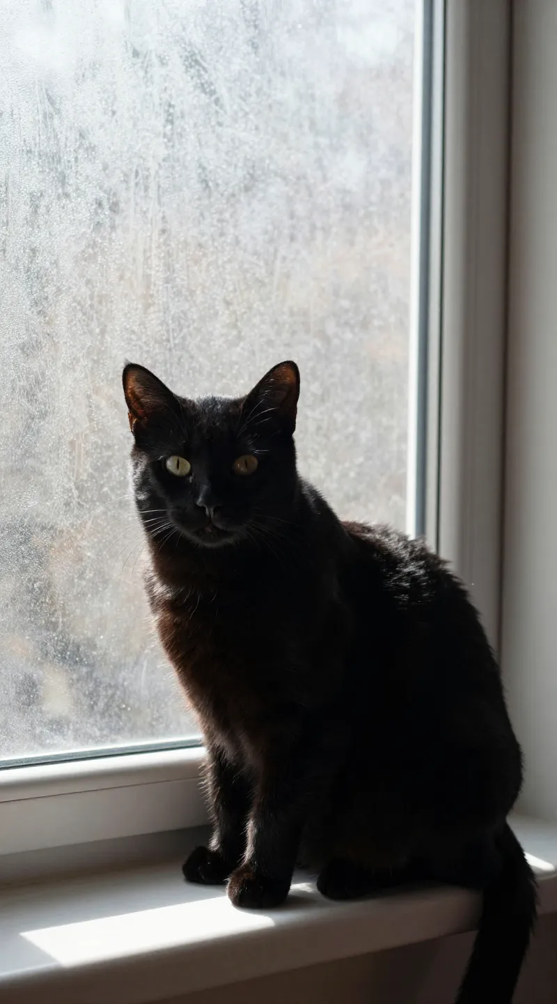 Black cat in insulated window perch, sunbeam, frosted window backdrop