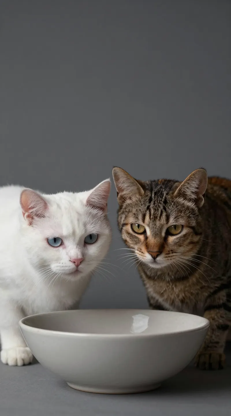 Two cats at one bowl, tension visible, studio lighting