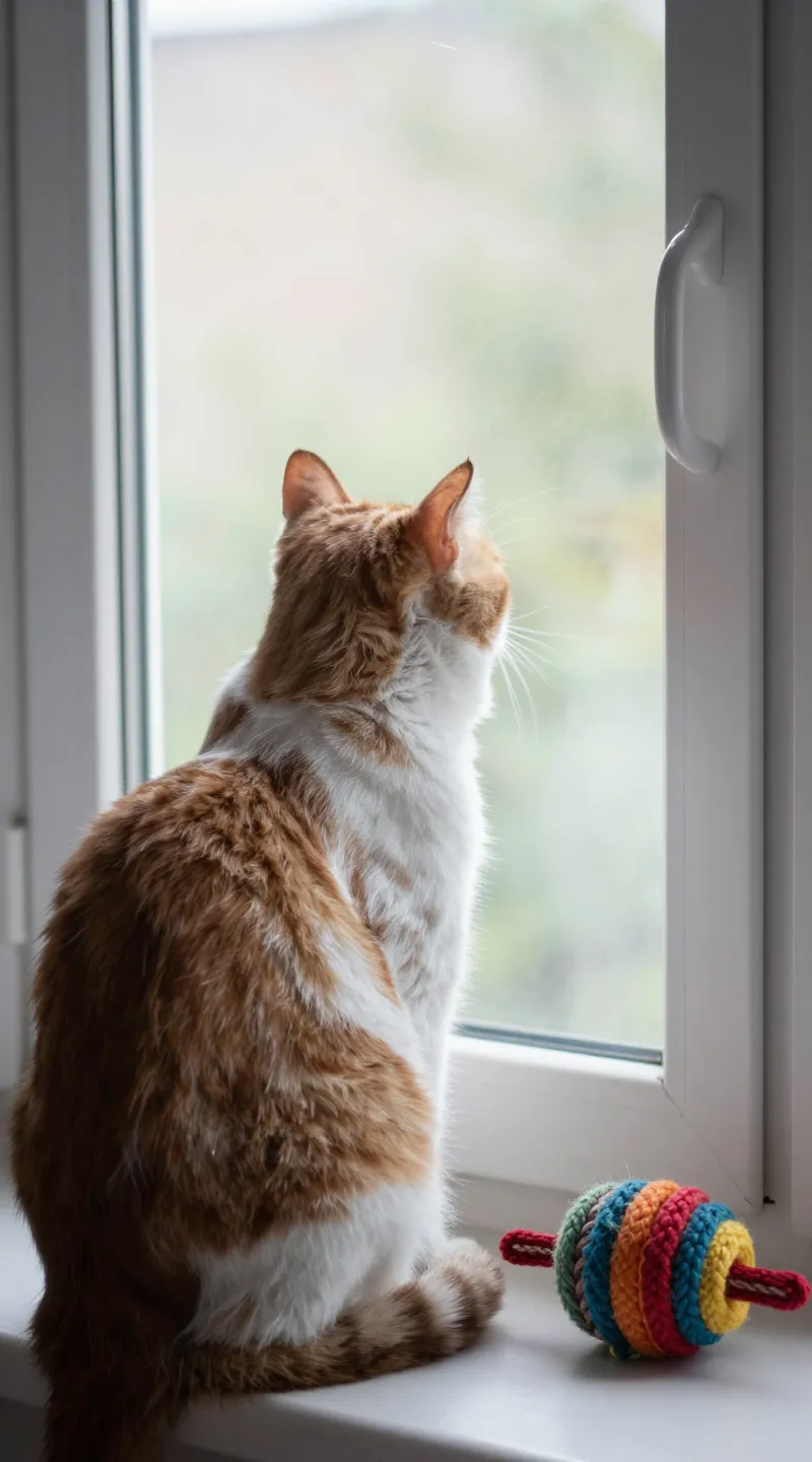 Indoor cat staring out window, enrichment toys nearby, daylight