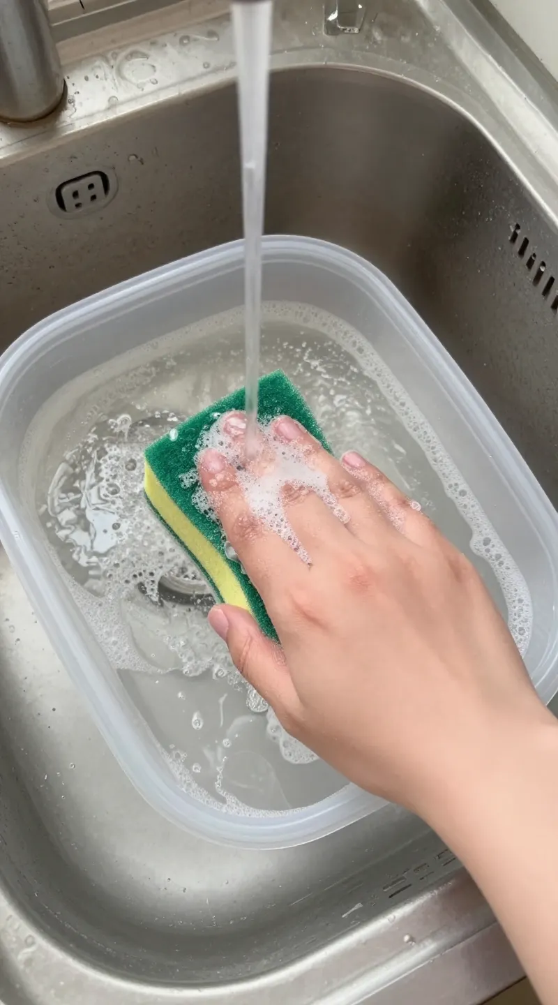 washing plastic litter box in sink, mild soap, sponge