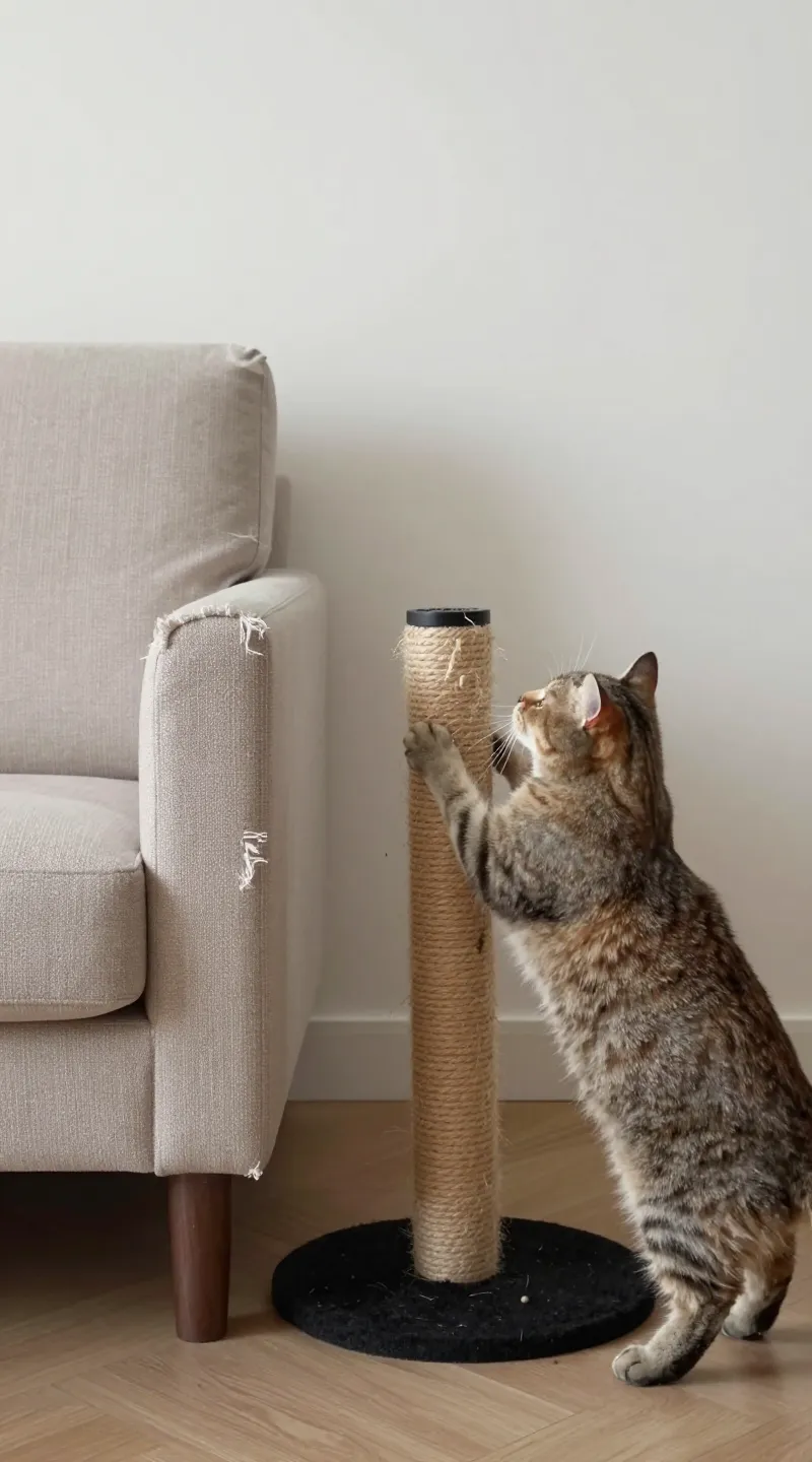Frayed sofa arm, cat redirected to vertical scratcher