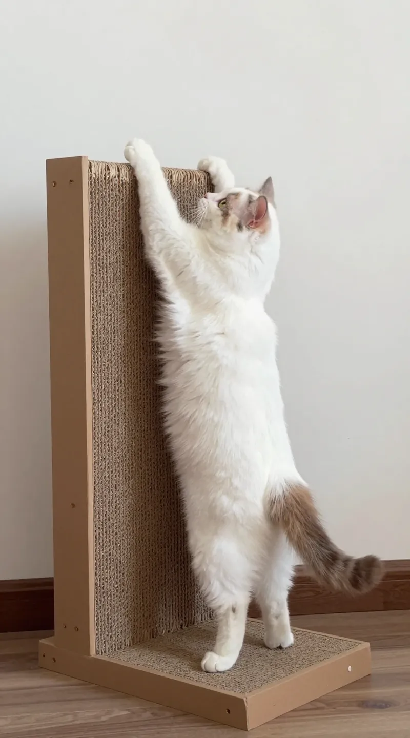 Cat full-body stretch on tall cardboard scratcher