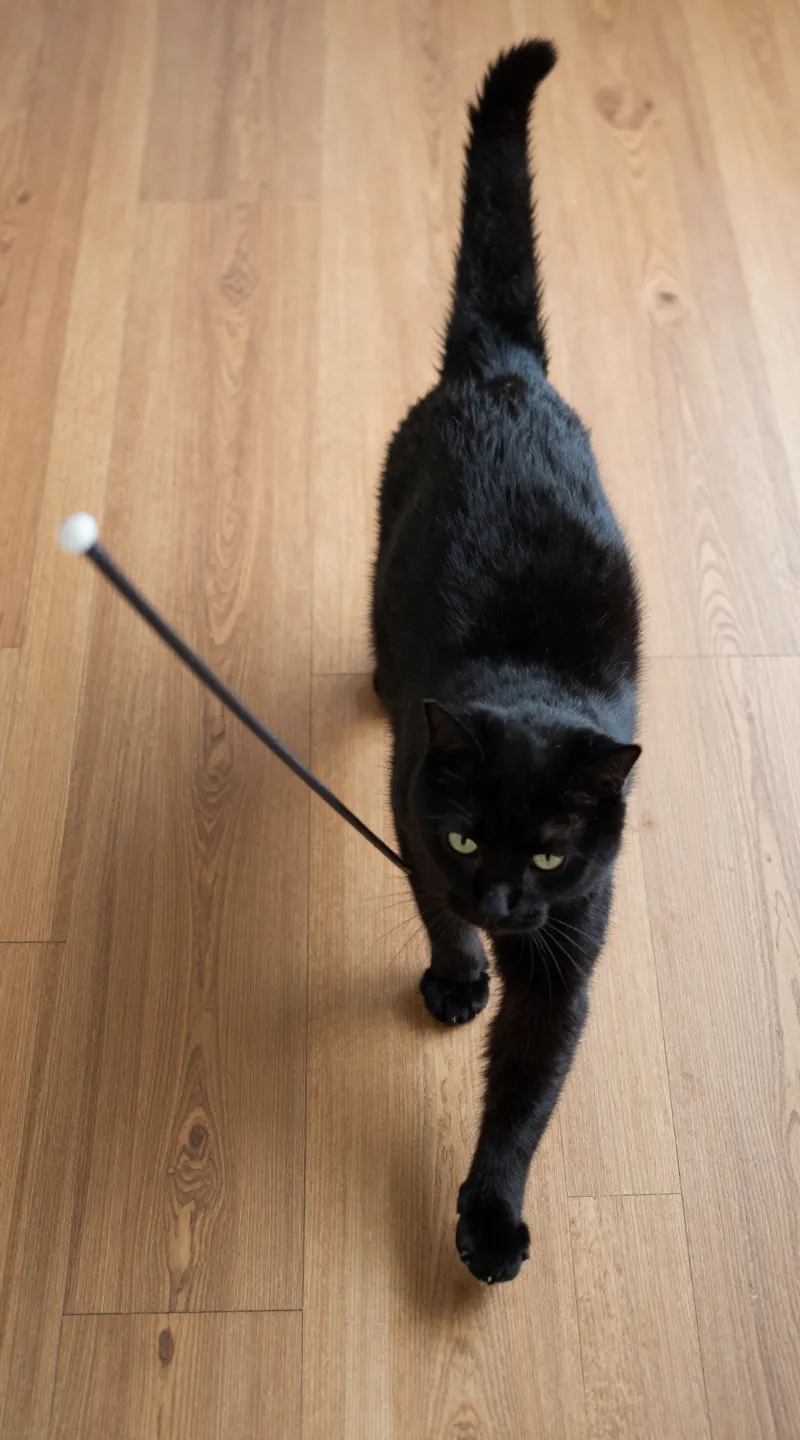 Black cat pouncing ribbon wand on hardwood floor