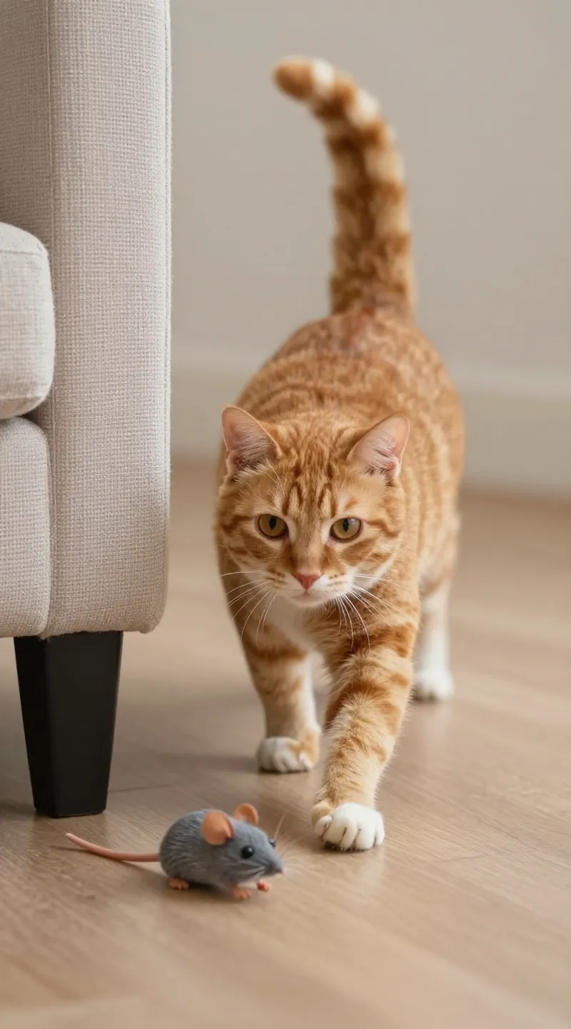 Ginger cat stalking mouse teaser near sofa leg