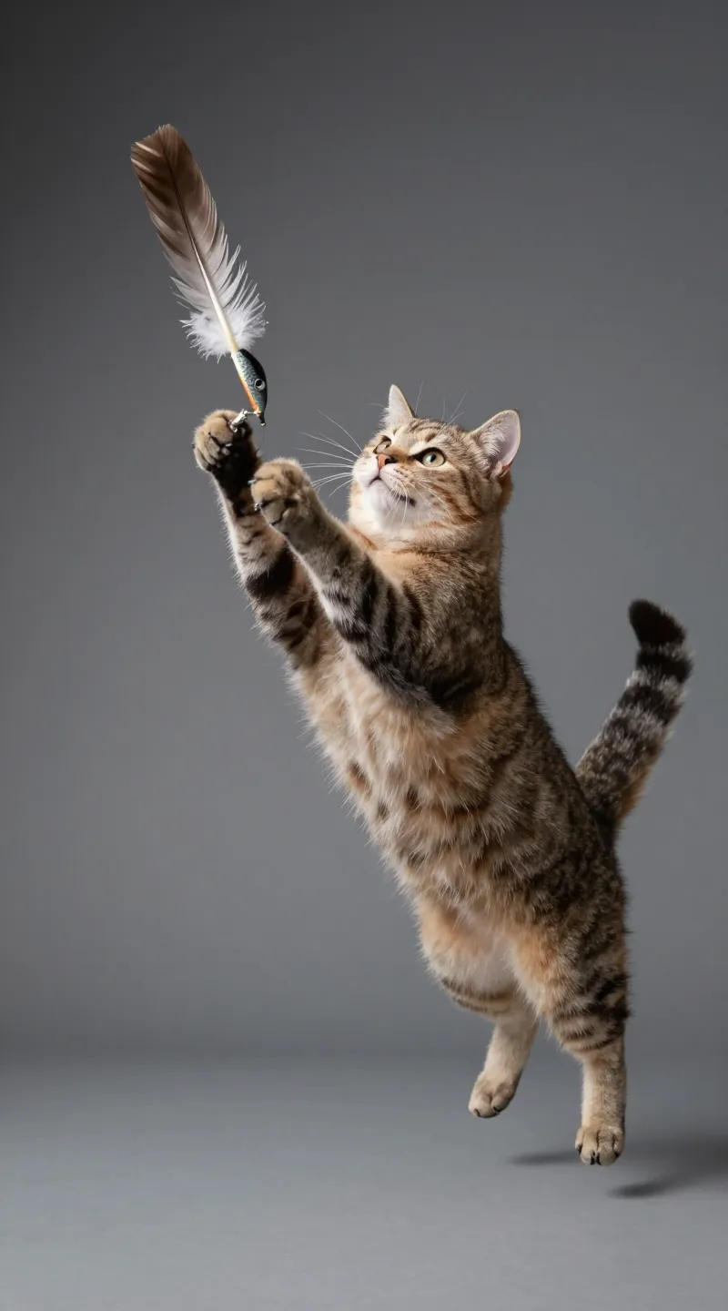 Cat mid-leap catching birdlike feather lure, studio lighting