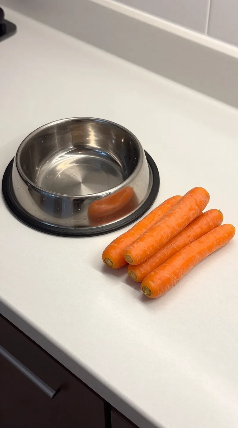 Small carrot sticks beside stainless dog bowl, kitchen counter