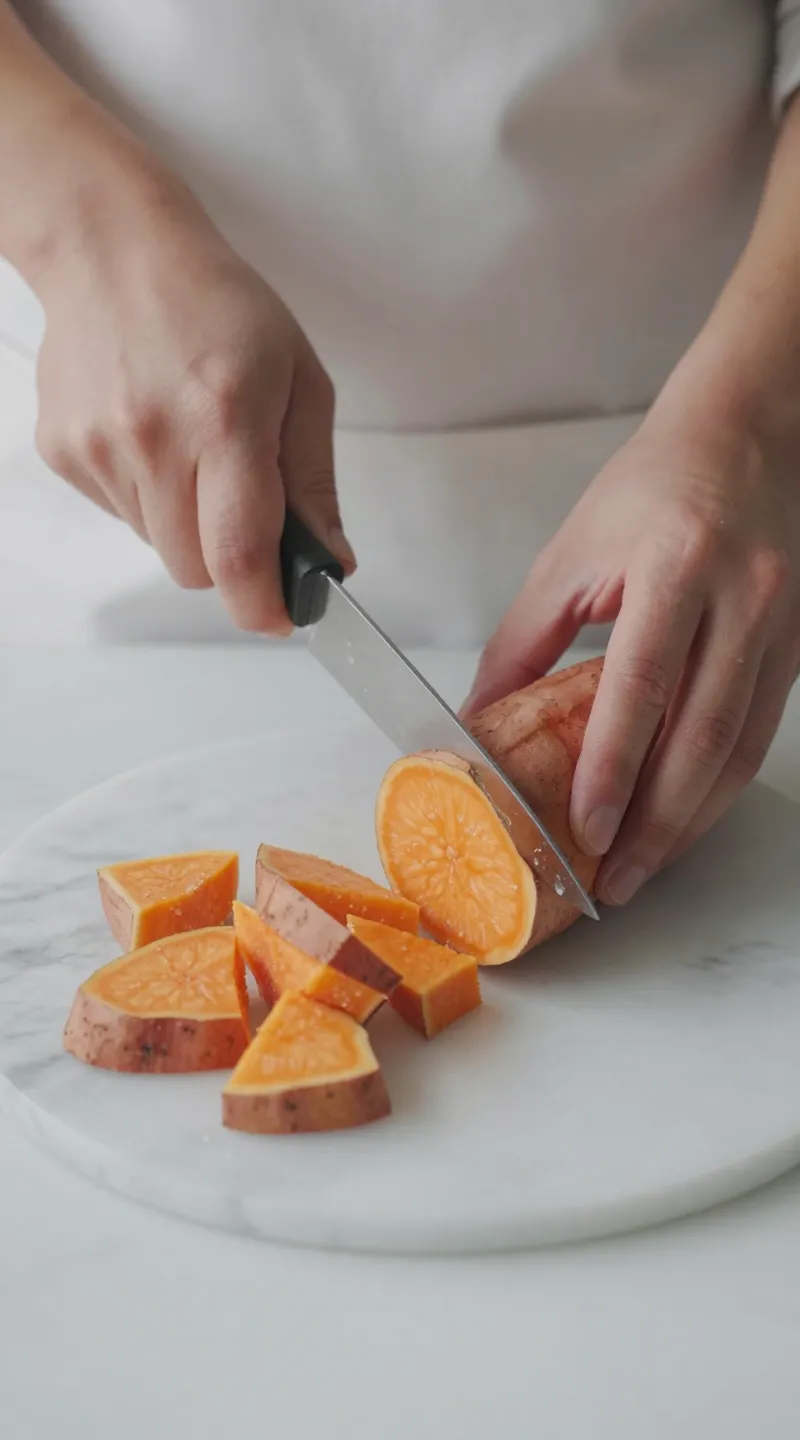 Owner cutting salt-free sweet potato cubes, marble countertop