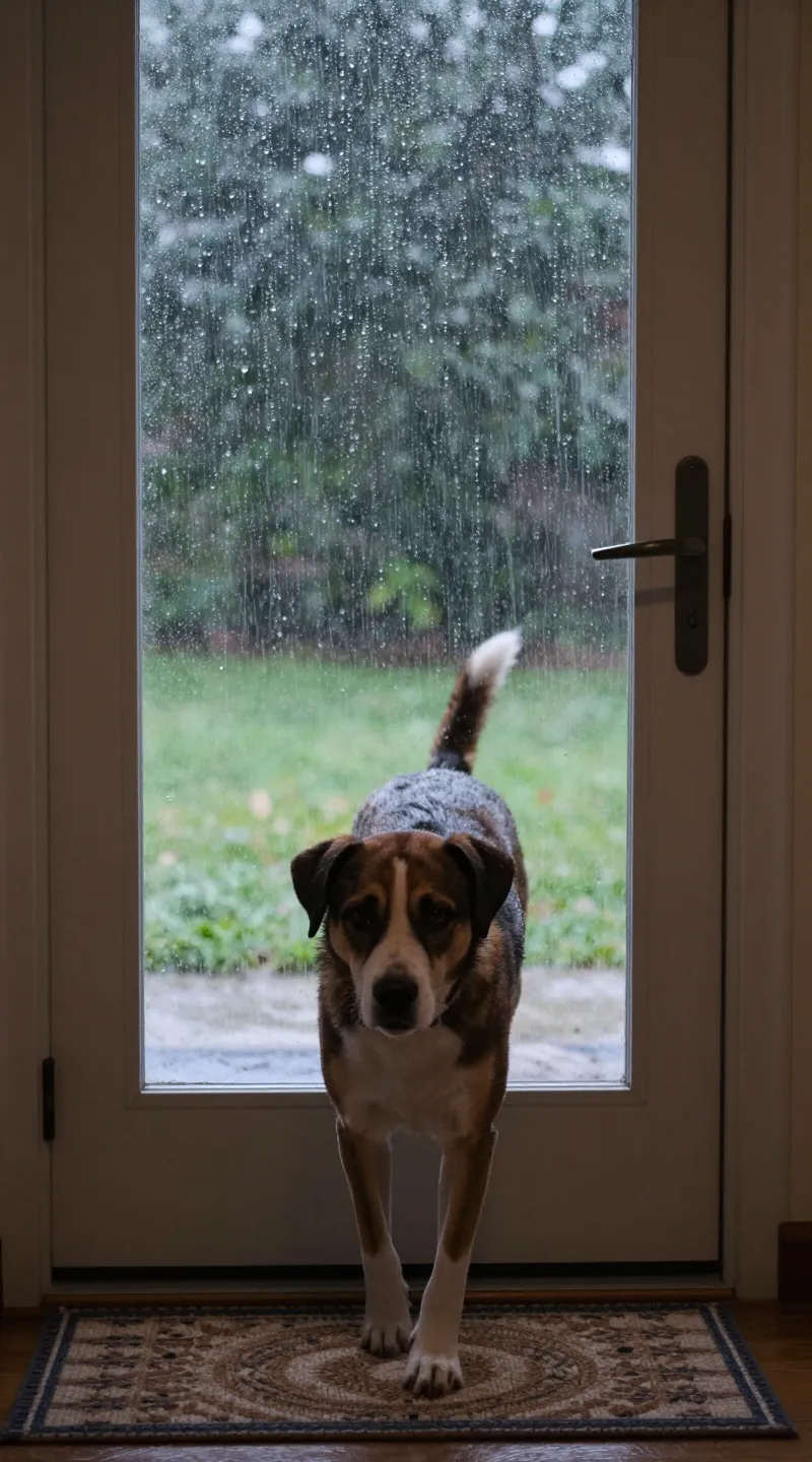 dog pacing by front door during thunderstorm, raindrops on glass