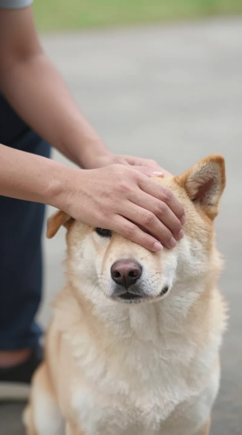 owner massaging dog with calming touch, natural daylight