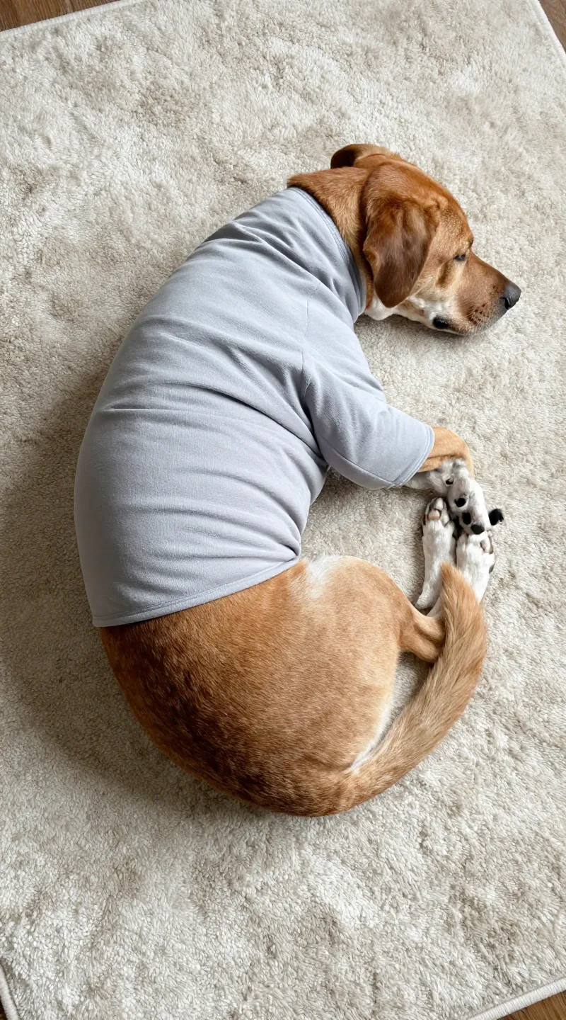 dog wearing snug anxiety wrap, curled on cozy rug