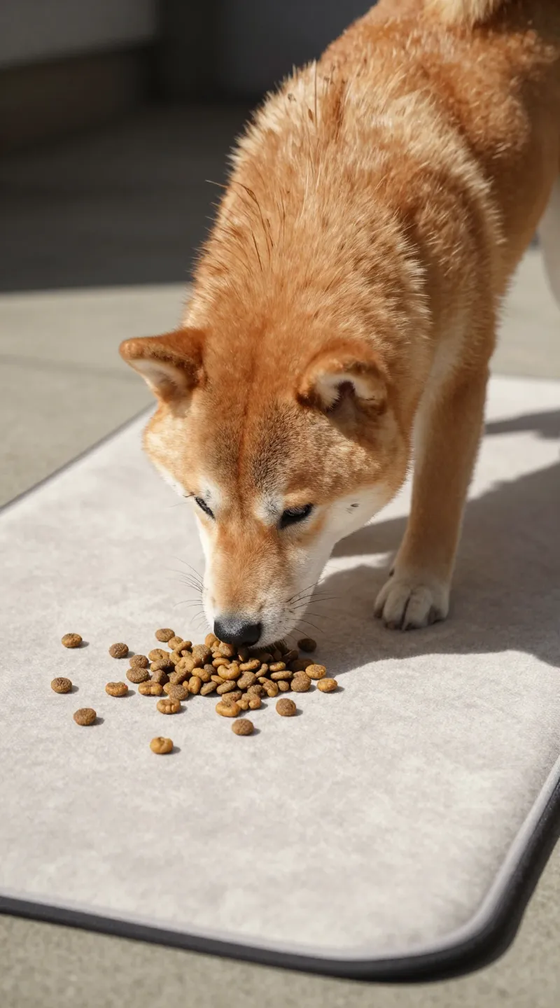 Shiba sniffing snuffle mat with kibble, natural daylight