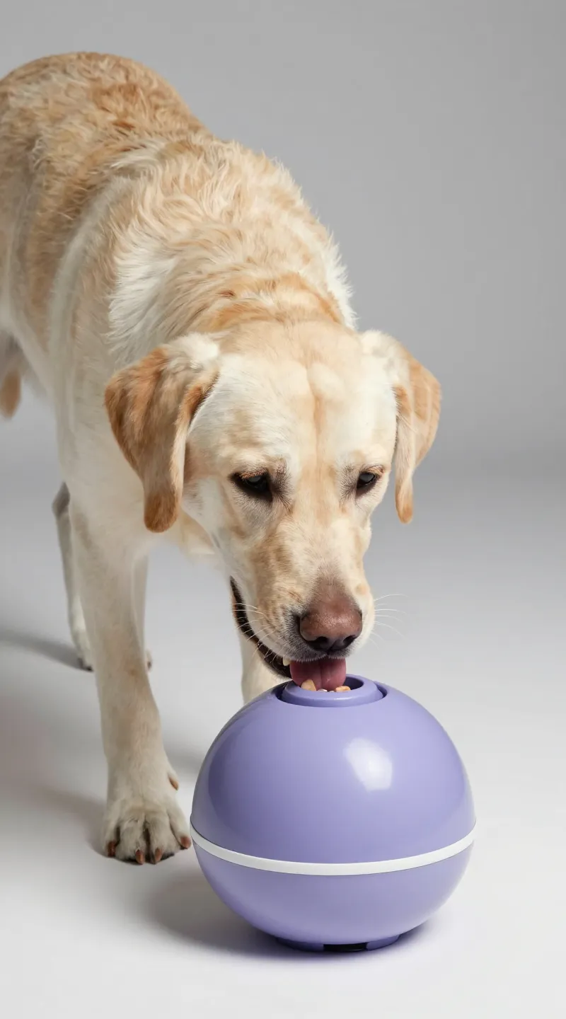 Labrador nudging interactive food-dispensing ball, studio lighting