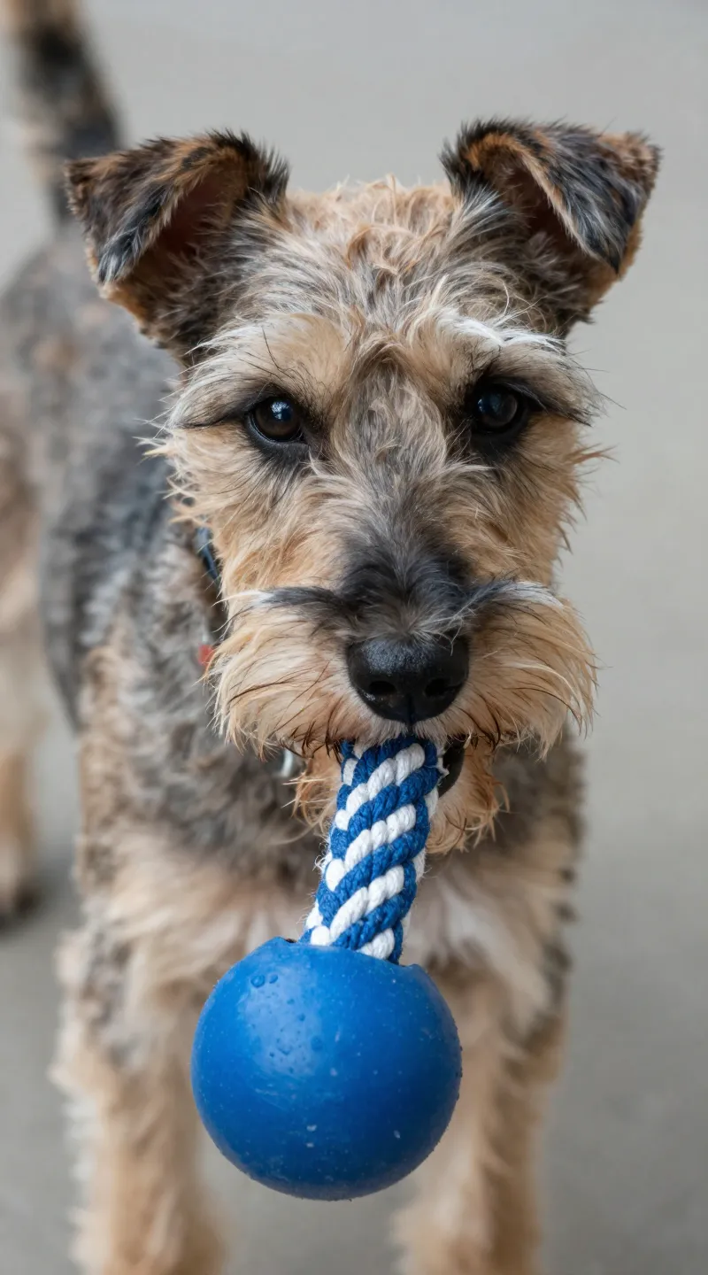 Terrier tugging durable rope toy, close-up, sharp detail