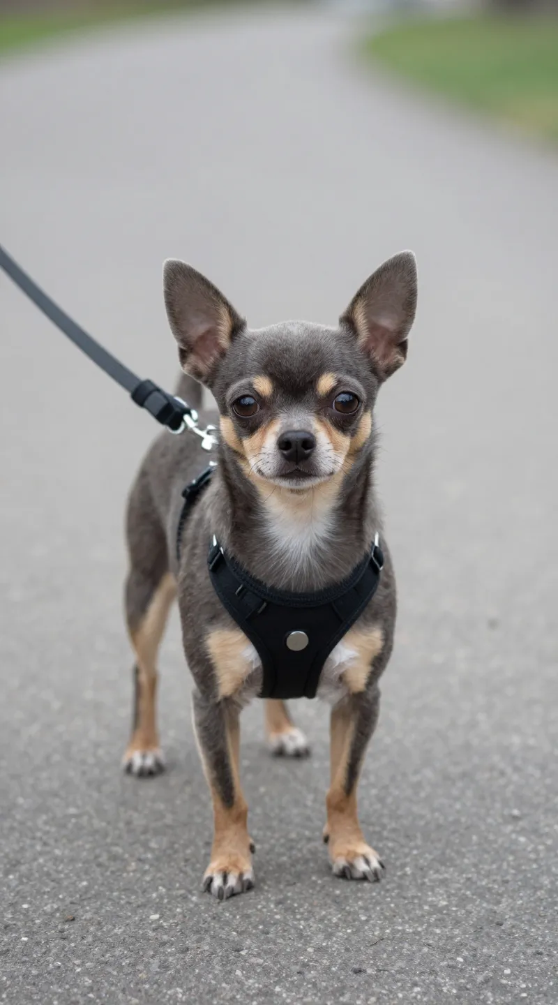 gray-muzzled Chihuahua wearing harness on short leash, park path