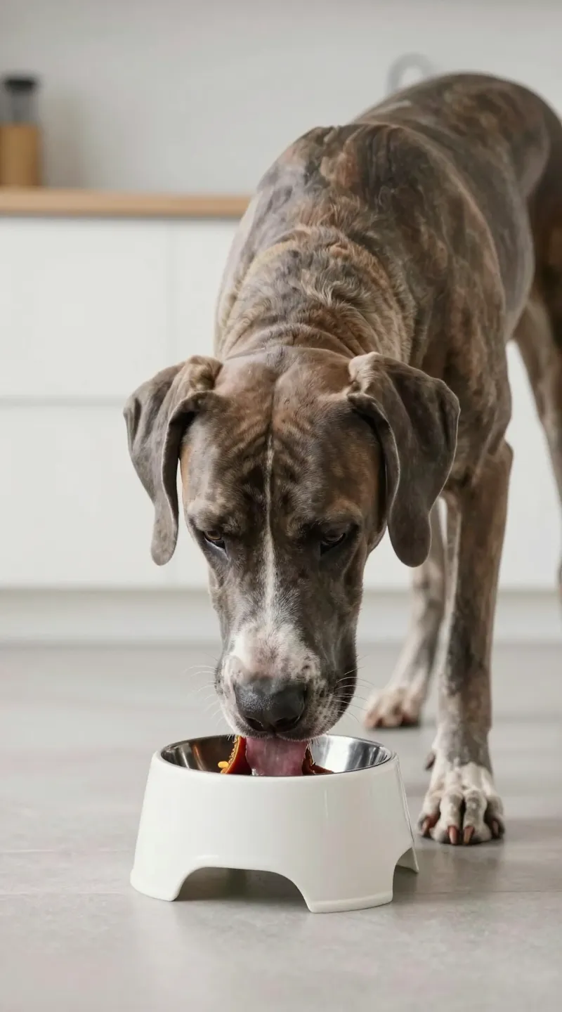 Great Dane eating from elevated bowl, clean kitchen backdrop