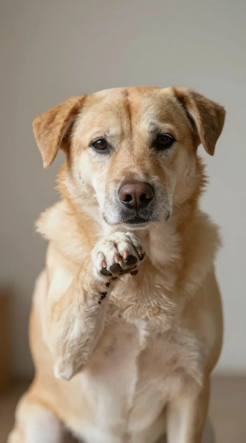 senior mixed-breed dog receiving gentle paw massage, natural light