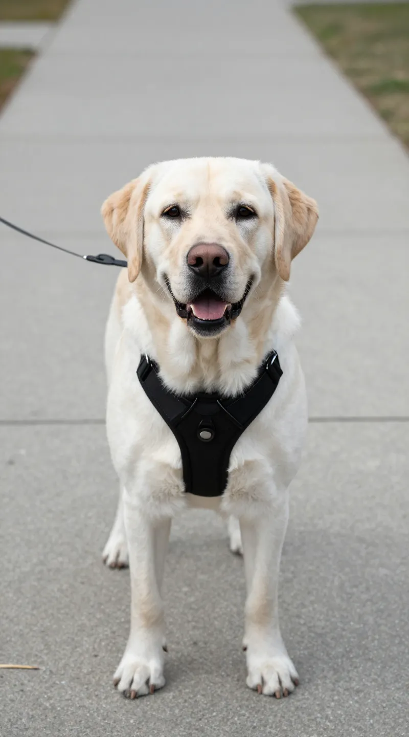 Labrador on sidewalk wearing front-clip harness, loose leash
