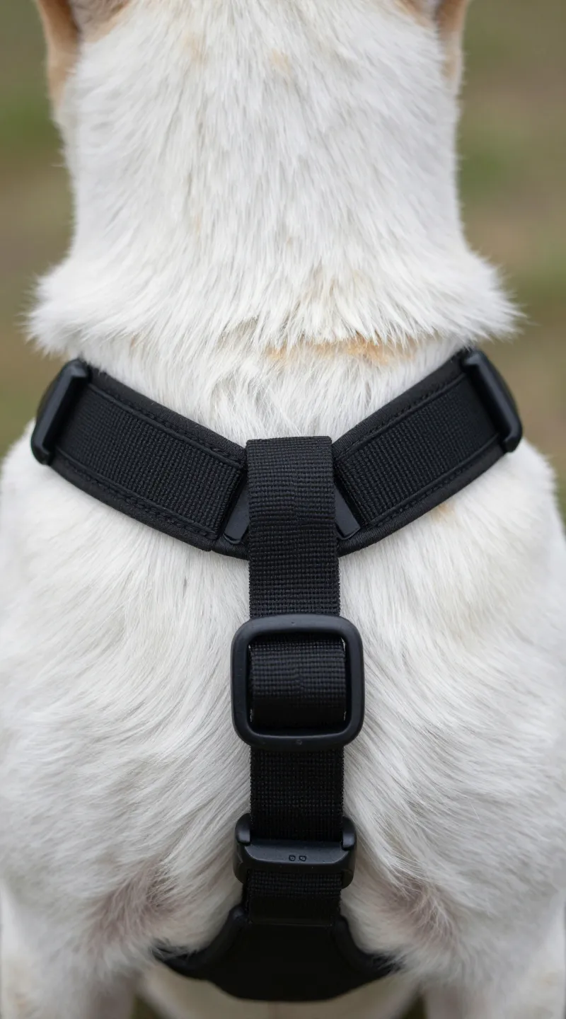 Close-up of front-clip harness attachment on dog chest