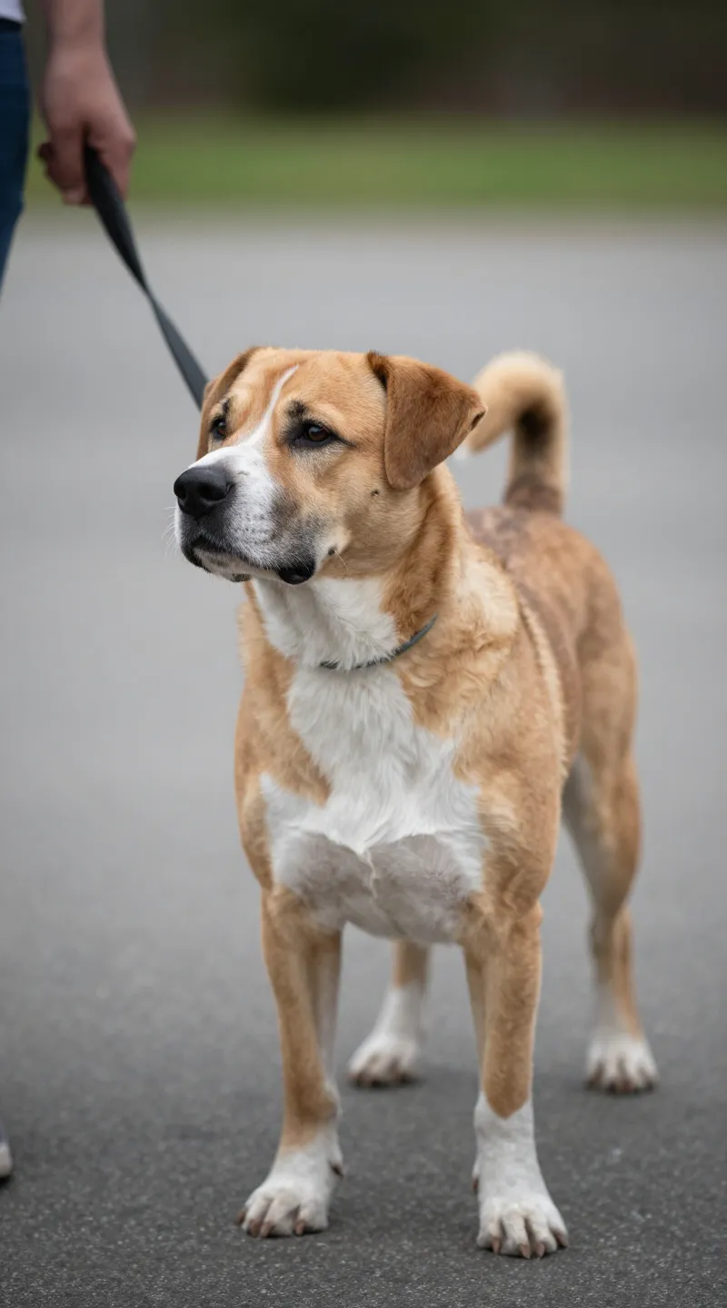 Owner stopping, leash slack, dog looking back attentively