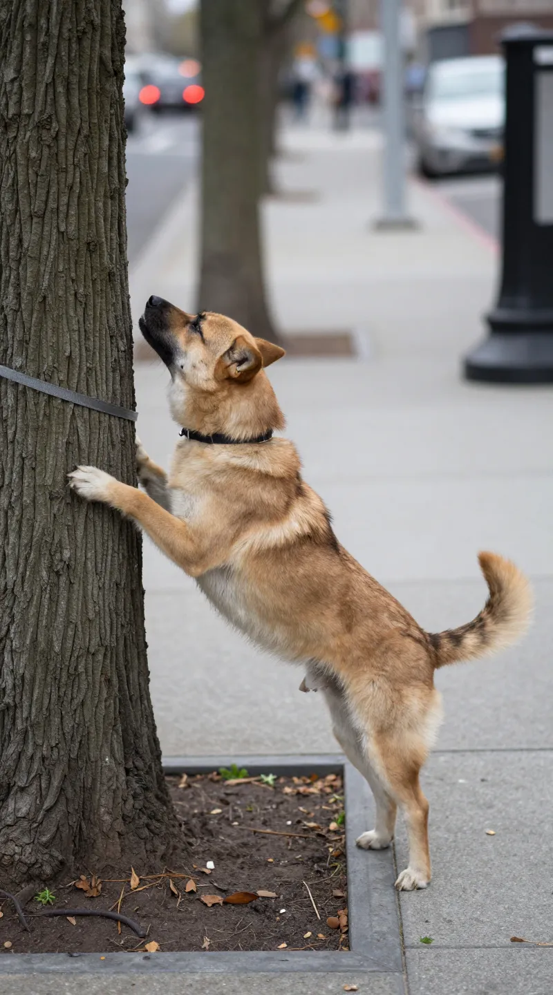 Dog sniffing tree with slack leash, city sidewalk background