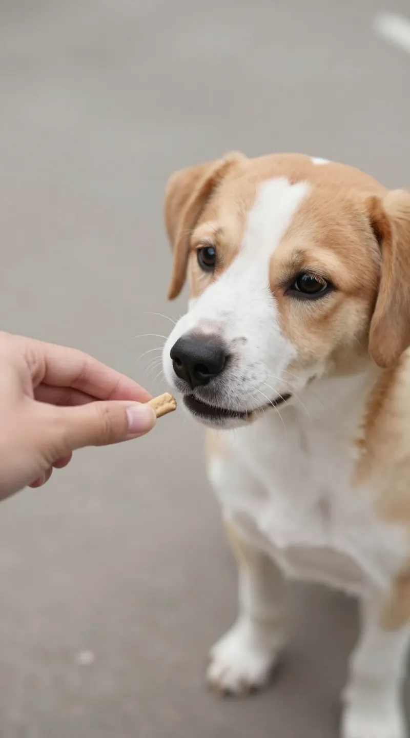 owner saying name, puppy eye contact, small treat reward