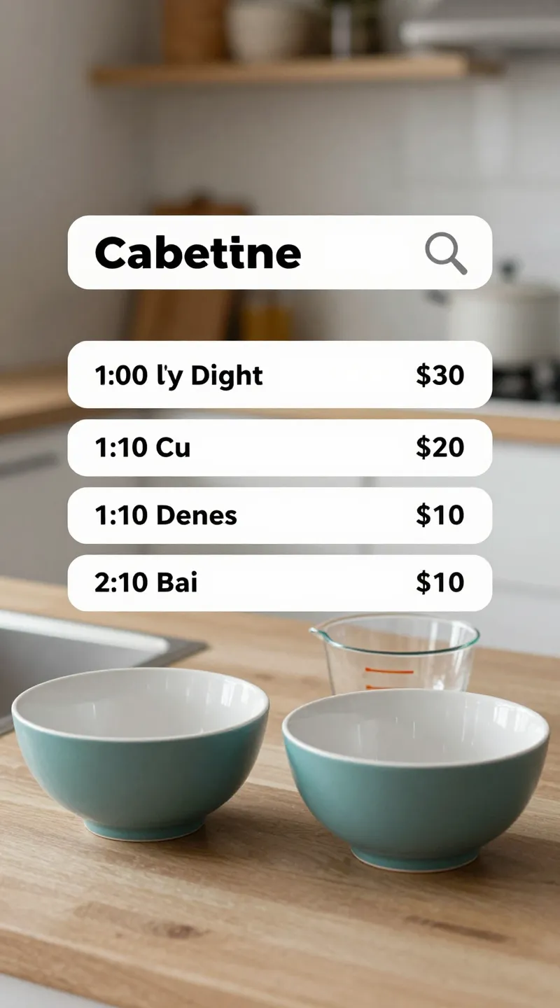 kitchen feeding schedule scene, two bowls, measuring cup