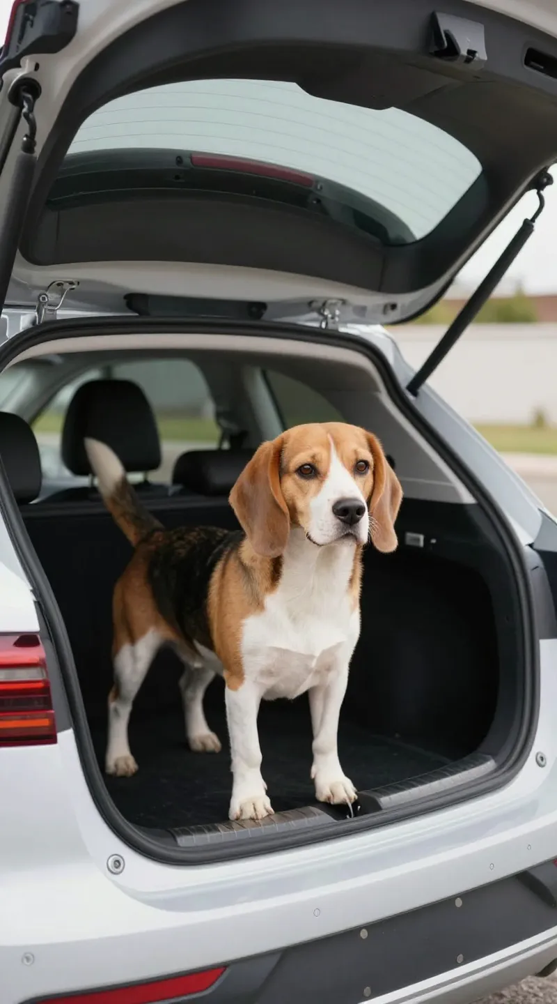 beagle reluctant to jump into car, open hatchback, daylight