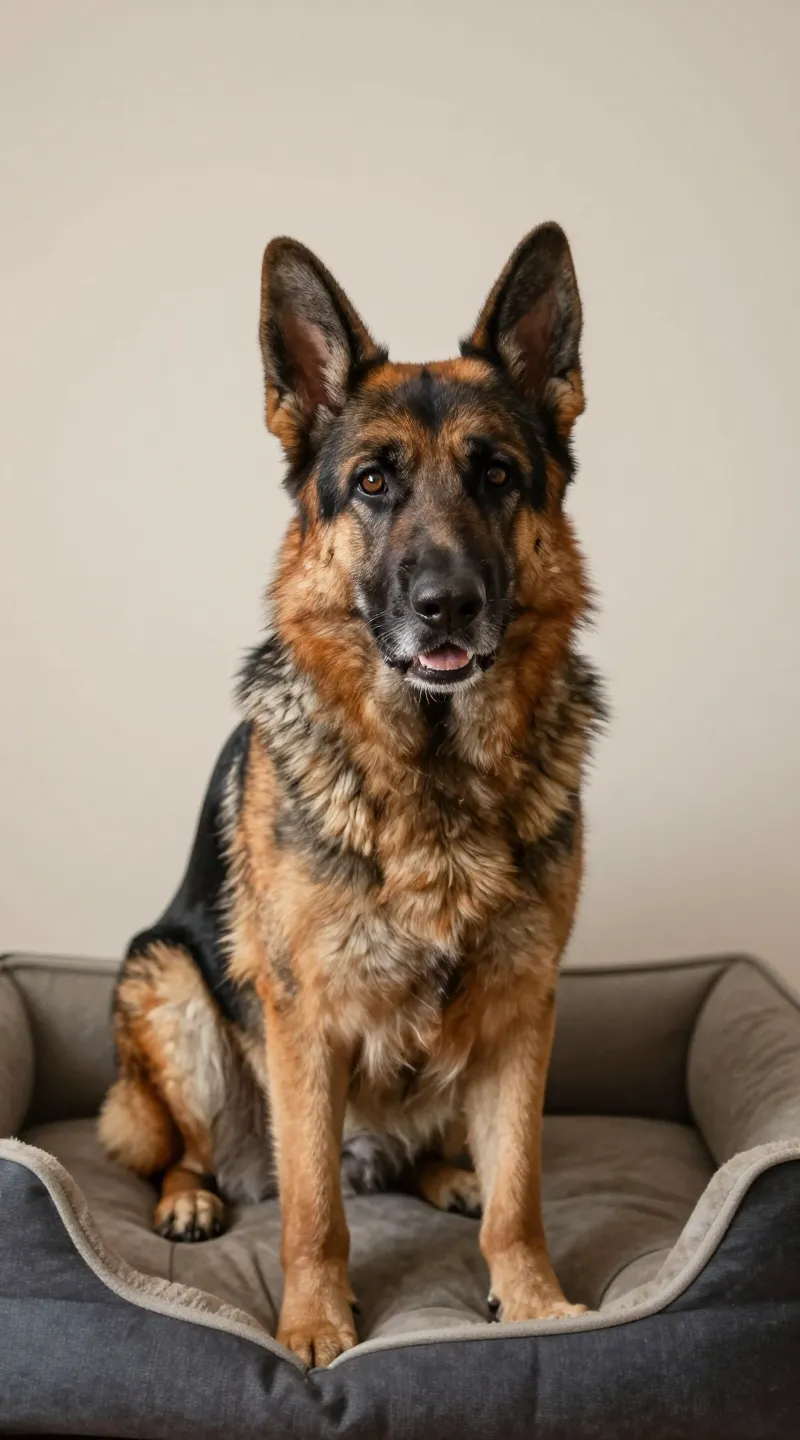 older german shepherd slowly rising from dog bed, soft indoor lighting