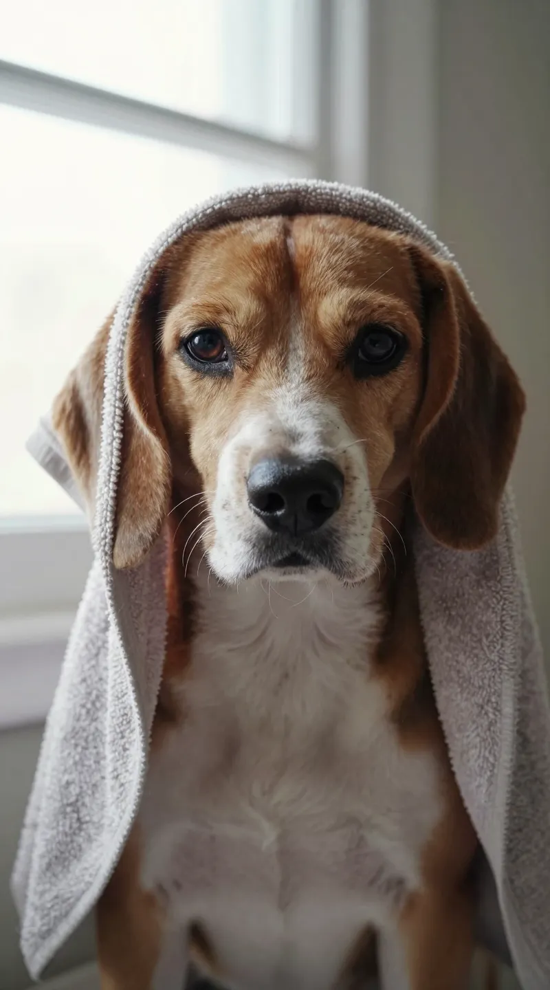 Short-haired beagle towel-dried, dandruff visible, soft window light