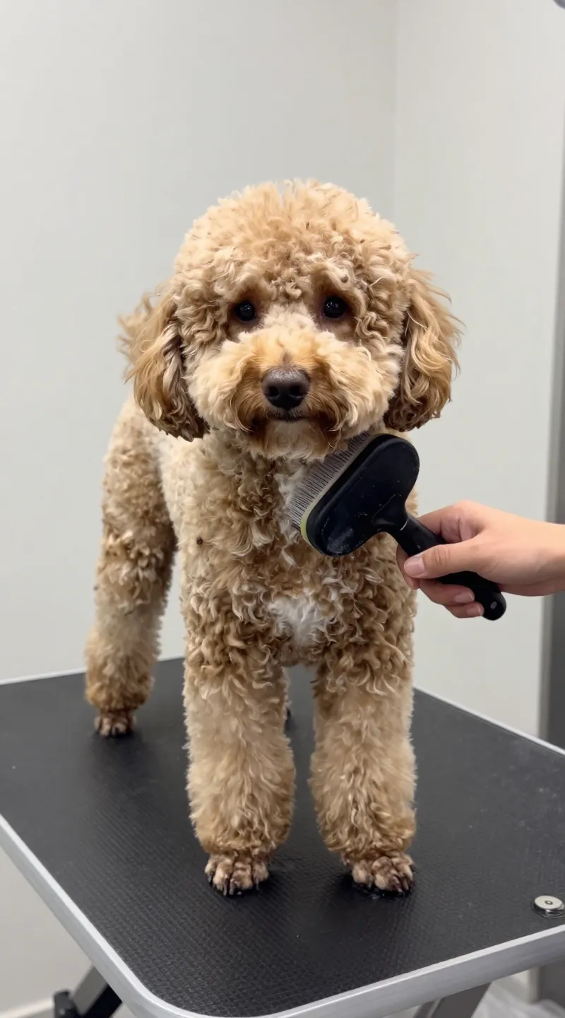Groomer brushing matted doodle coat before bath, stainless table
