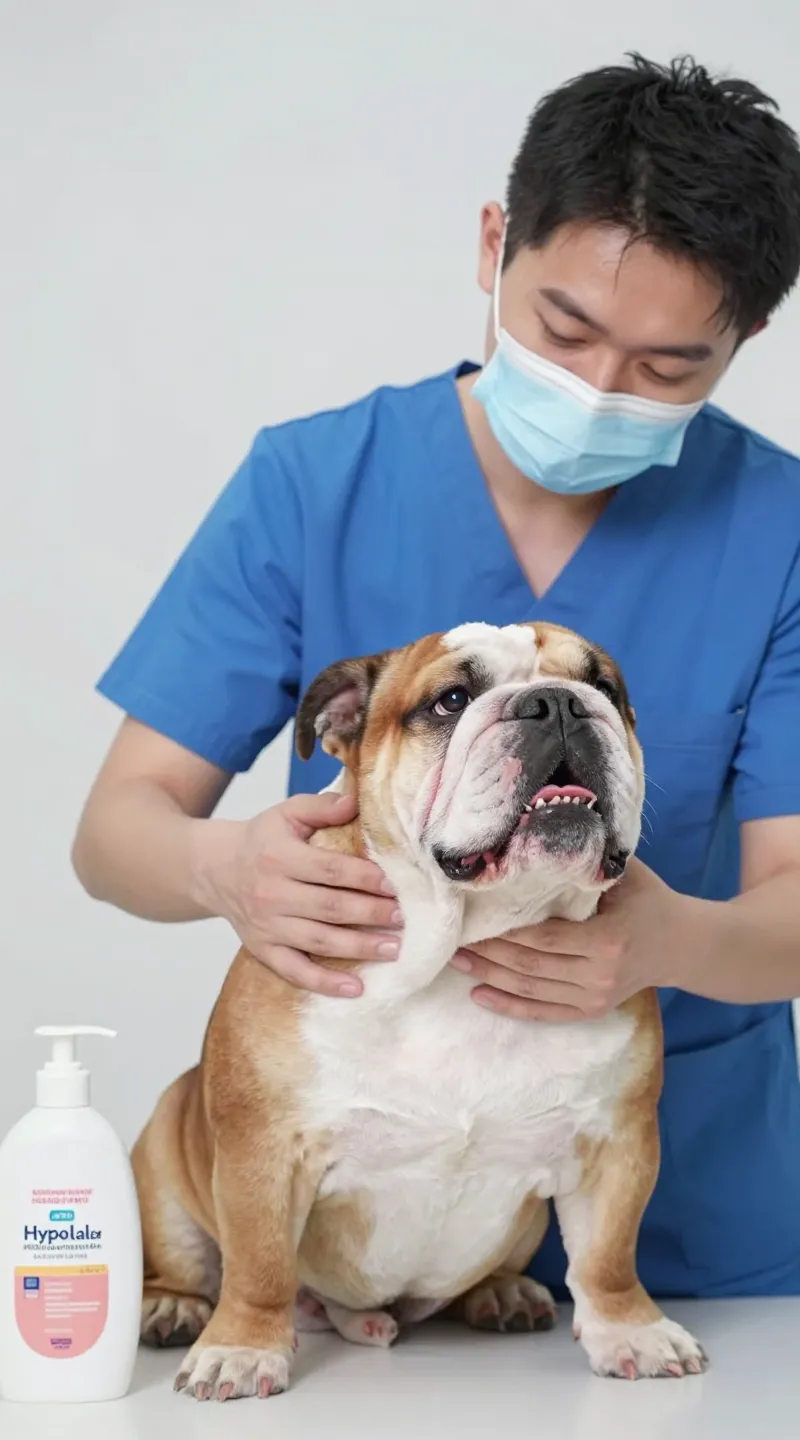 Vet examining itchy bulldog skin, hypoallergenic shampoo bottles nearby