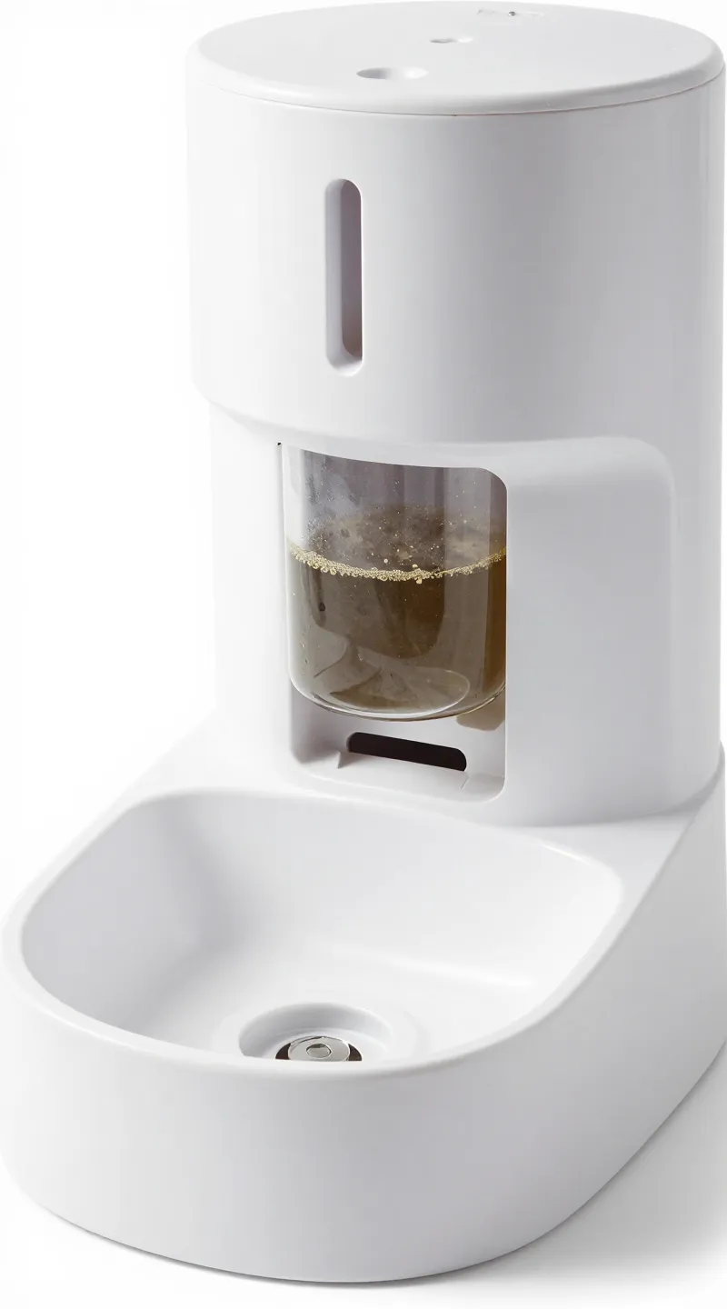 Close-up desiccant chamber in automatic pet feeder, white background