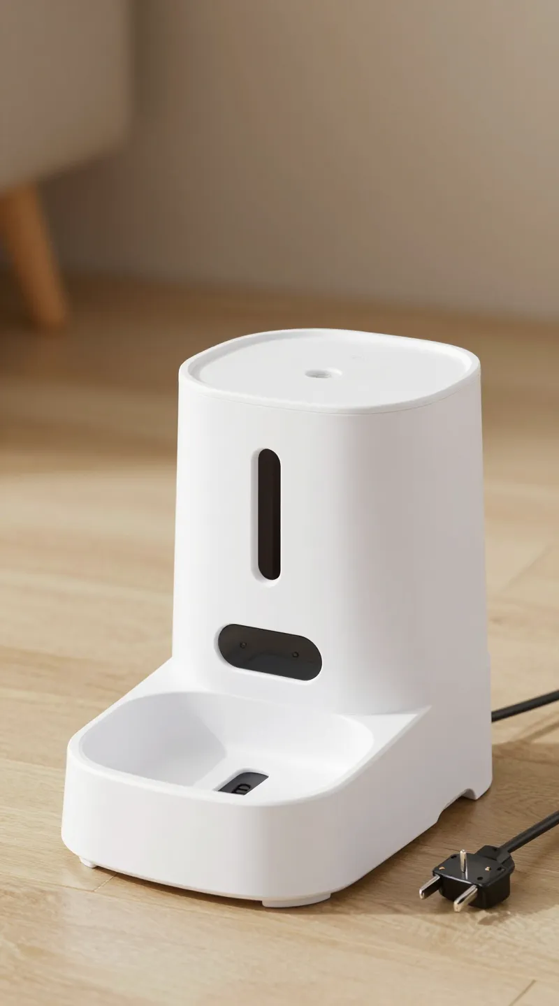 Dual-power pet feeder showing battery backup and plug, product shot