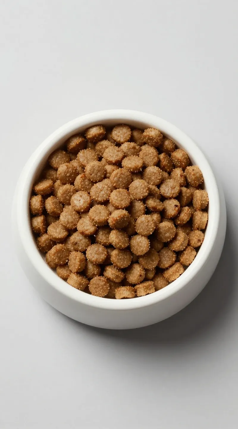 Portion-controlled kibble portions displayed in smart bowl, overhead view
