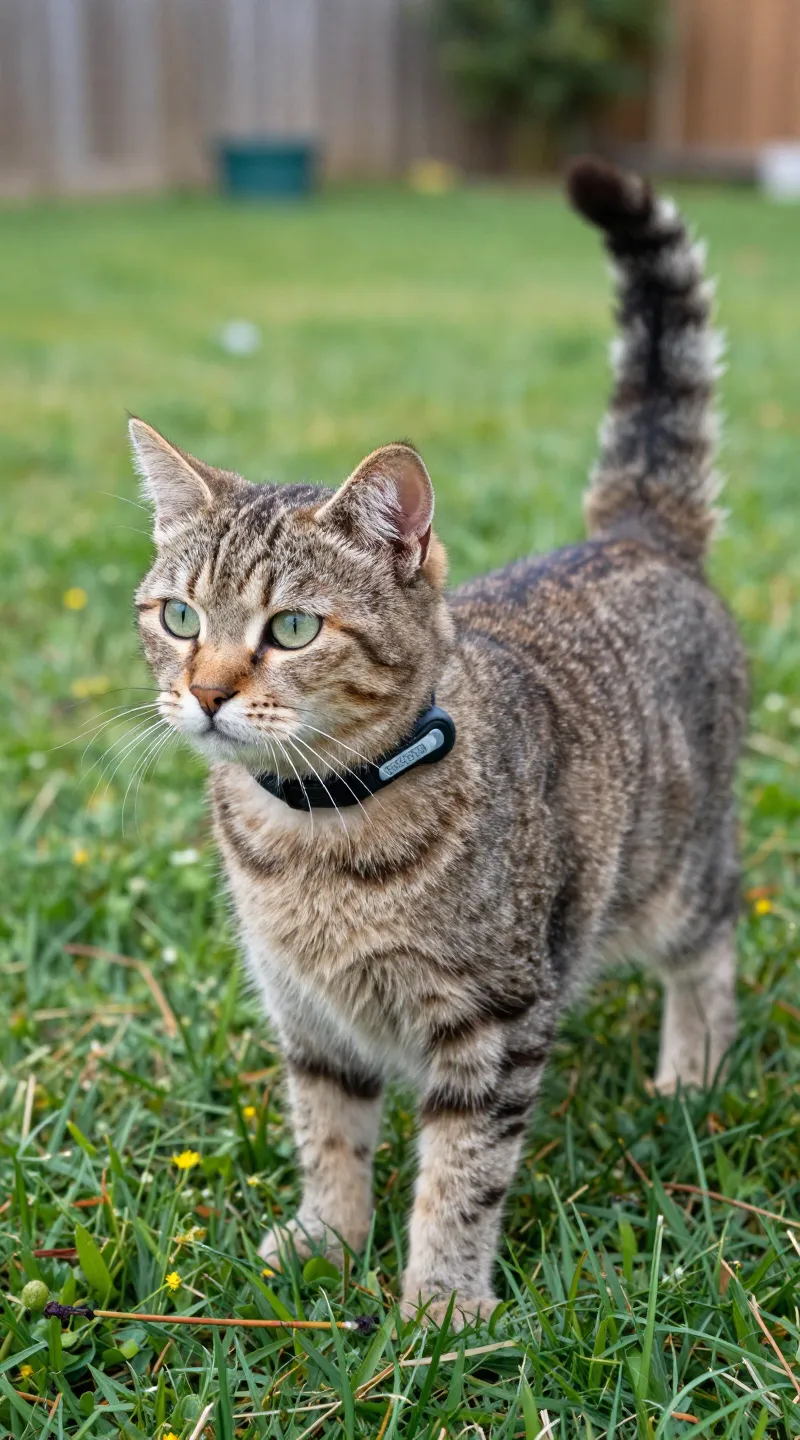 Cat wearing GPS tracker collar on backyard grass