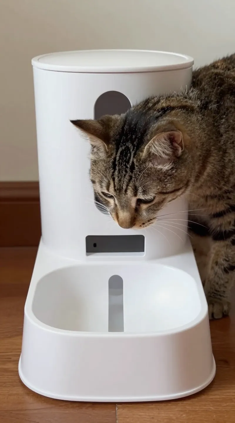 Microchip pet feeder opening for tabby cat